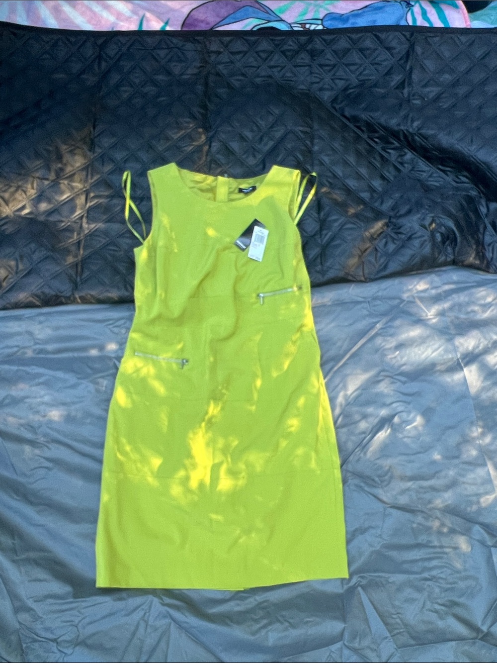 Premise Neon Yellow Sleeveless Midi Sheath Dress with Zip Accents